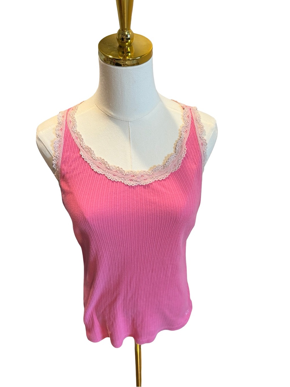 Vintage Limited Too Hot Pink Ribbed Tank with Cream Lace Trim